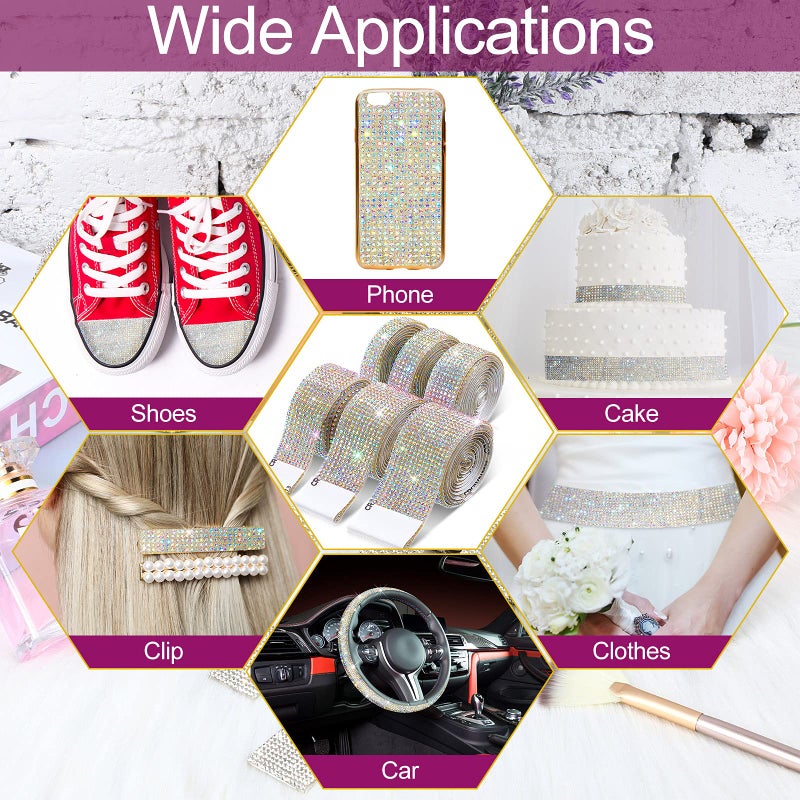 آوتوس 6 لفات ذاتية اللصق من الكريستال حجر الراين الشريط الماس بلينغ شرائط التفاف 6 ياردة شبكة التألق ملصق لفة للفنون الحرف الزفاف عيد ميلاد DIY الحدث سيارة الهاتف الديكور (كريستال AB) - Image 2